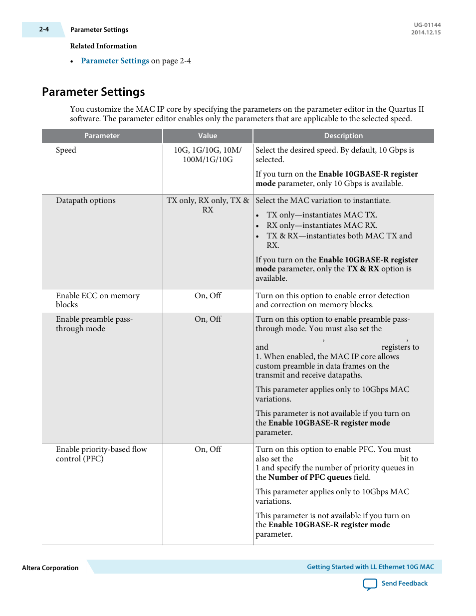 Parameter settings, Parameter settings -4 | Altera Low Latency Ethernet 10G MAC User Manual | Page 13 / 109