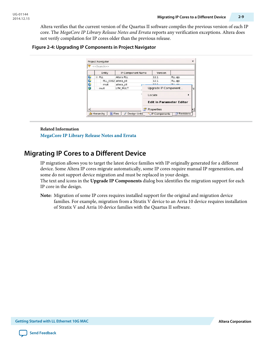 Migrating ip cores to a different device, Migrating ip cores to a different device -9 | Altera Low Latency Ethernet 10G MAC User Manual | Page 18 / 109