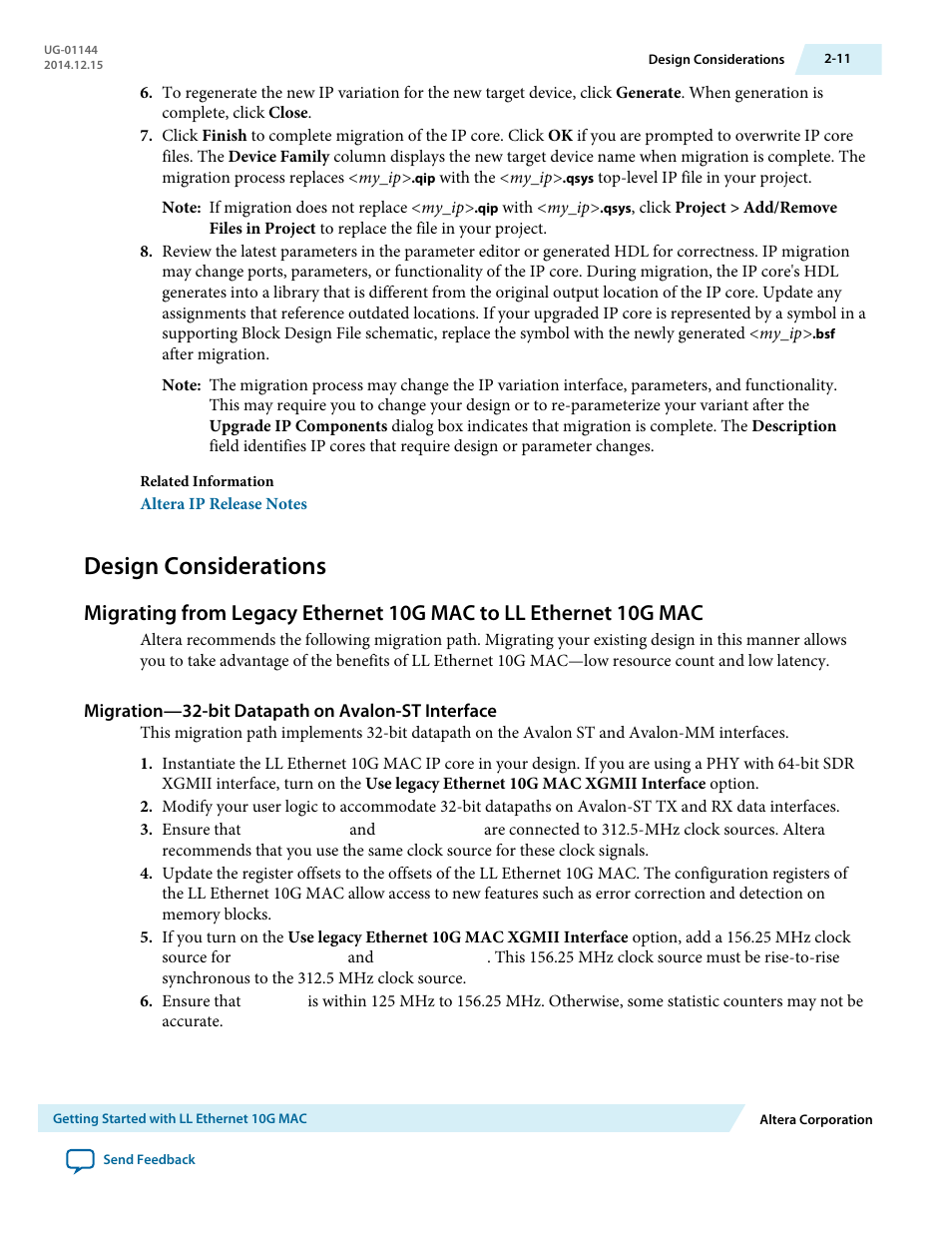 Design considerations, Migration—32-bit datapath on avalon-st interface, Design considerations -11 | Altera Low Latency Ethernet 10G MAC User Manual | Page 20 / 109