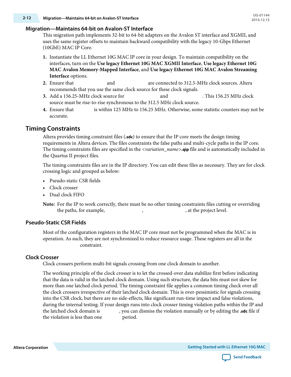 Migration—maintains 64-bit on avalon-st interface, Timing constraints, Pseudo-static csr fields | Clock crosser, Timing constraints -12 | Altera Low Latency Ethernet 10G MAC User Manual | Page 21 / 109