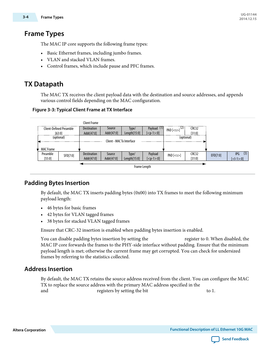 Frame types, Tx datapath, Padding bytes insertion | Address insertion, Frame types -4, Tx datapath -4, Padding bytes insertion -4, Address insertion -4 | Altera Low Latency Ethernet 10G MAC User Manual | Page 26 / 109