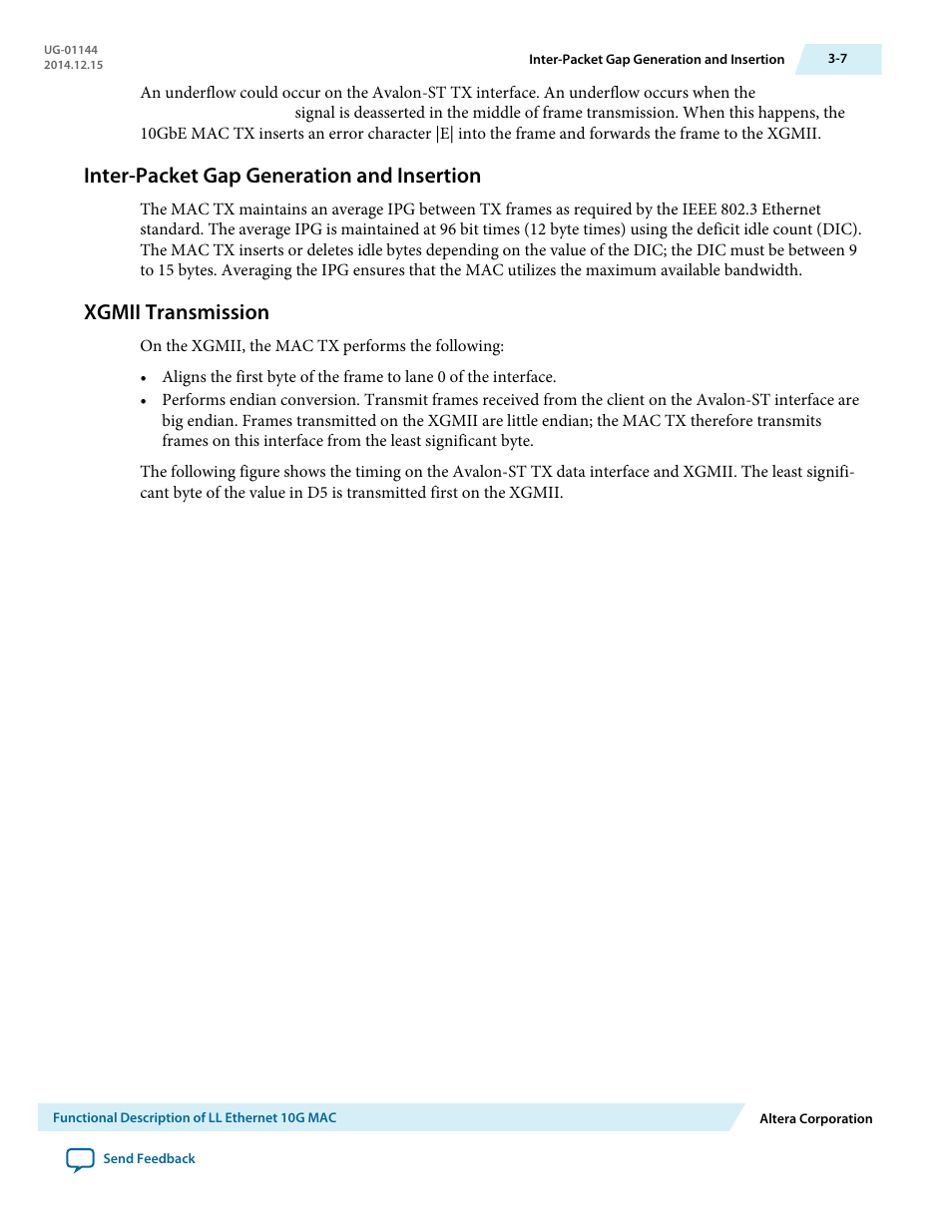 Inter-packet gap generation and insertion, Xgmii transmission, Inter-packet gap generation and insertion -7 | Xgmii transmission -7 | Altera Low Latency Ethernet 10G MAC User Manual | Page 29 / 109