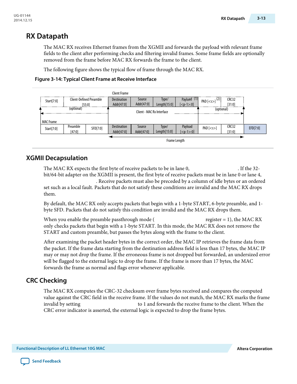 Rx datapath, Xgmii decapsulation, Crc checking | Rx datapath -13, Xgmii decapsulation -13, Crc checking -13 | Altera Low Latency Ethernet 10G MAC User Manual | Page 35 / 109