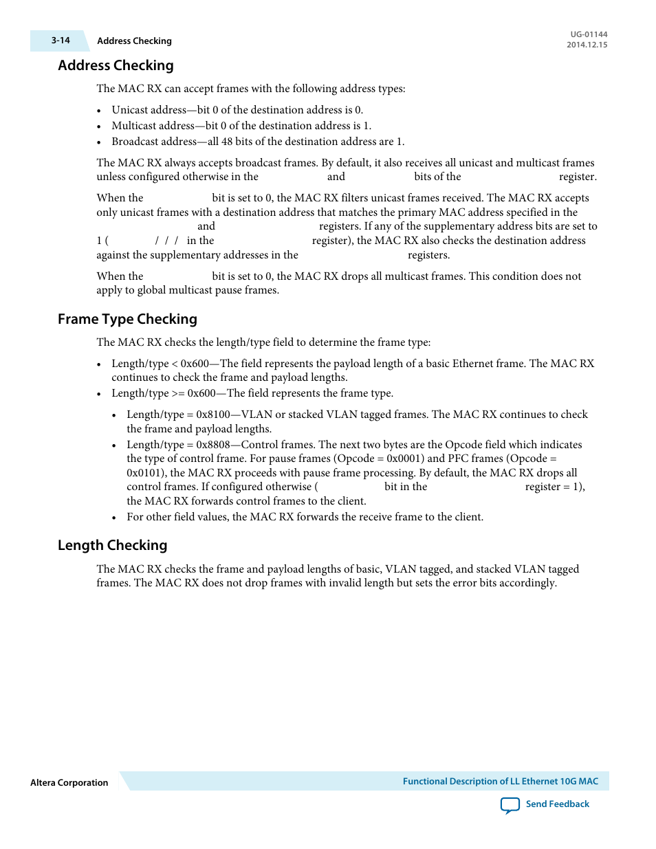 Address checking, Frame type checking, Length checking | Address checking -14, Frame type checking -14, Length checking -14 | Altera Low Latency Ethernet 10G MAC User Manual | Page 36 / 109