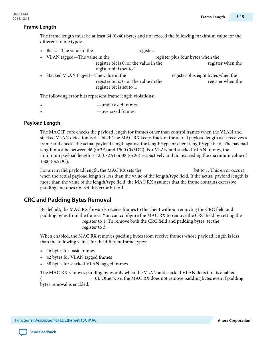 Frame length, Payload length, Crc and padding bytes removal | Crc and padding bytes removal -15 | Altera Low Latency Ethernet 10G MAC User Manual | Page 37 / 109