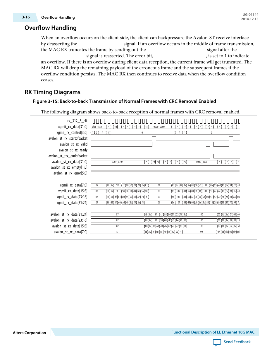 Overflow handling, Rx timing diagrams, Overflow handling -16 | Rx timing diagrams -16, Signal after the, Signal is reasserted. the error bit | Altera Low Latency Ethernet 10G MAC User Manual | Page 38 / 109