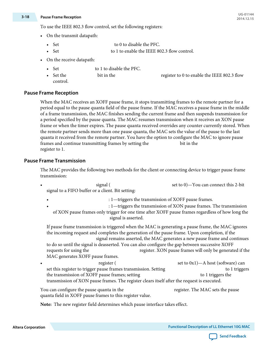 Pause frame reception, Pause frame transmission | Altera Low Latency Ethernet 10G MAC User Manual | Page 40 / 109