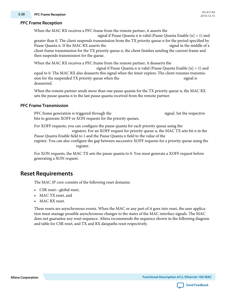 Pfc frame reception, Pfc frame transmission, Reset requirements | Reset requirements -20 | Altera Low Latency Ethernet 10G MAC User Manual | Page 42 / 109