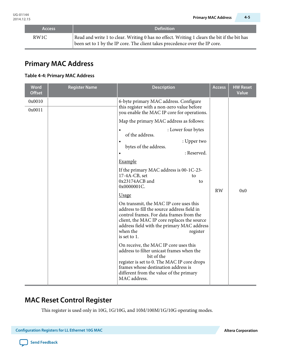 Primary mac address, Mac reset control register, Primary mac address -5 | Mac reset control register -5 | Altera Low Latency Ethernet 10G MAC User Manual | Page 57 / 109