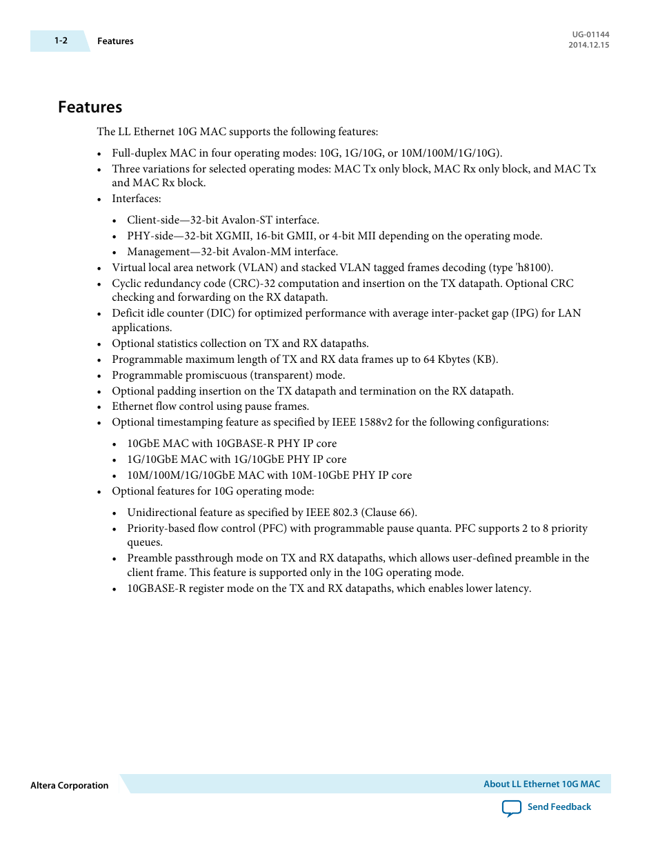 Features, Features -2 | Altera Low Latency Ethernet 10G MAC User Manual | Page 6 / 109