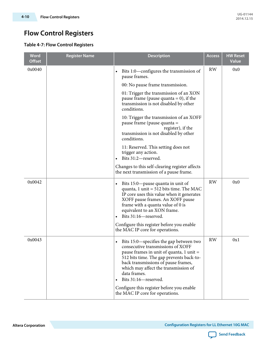 Flow control registers, Flow control registers -10 | Altera Low Latency Ethernet 10G MAC User Manual | Page 62 / 109