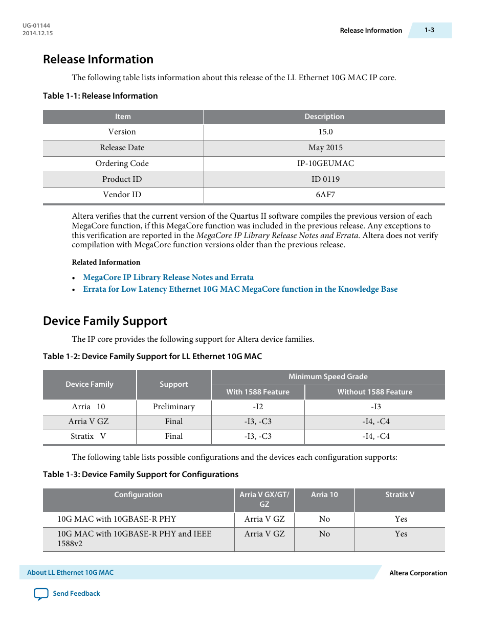 Release information, Device family support, Release information -3 | Device family support -3 | Altera Low Latency Ethernet 10G MAC User Manual | Page 7 / 109