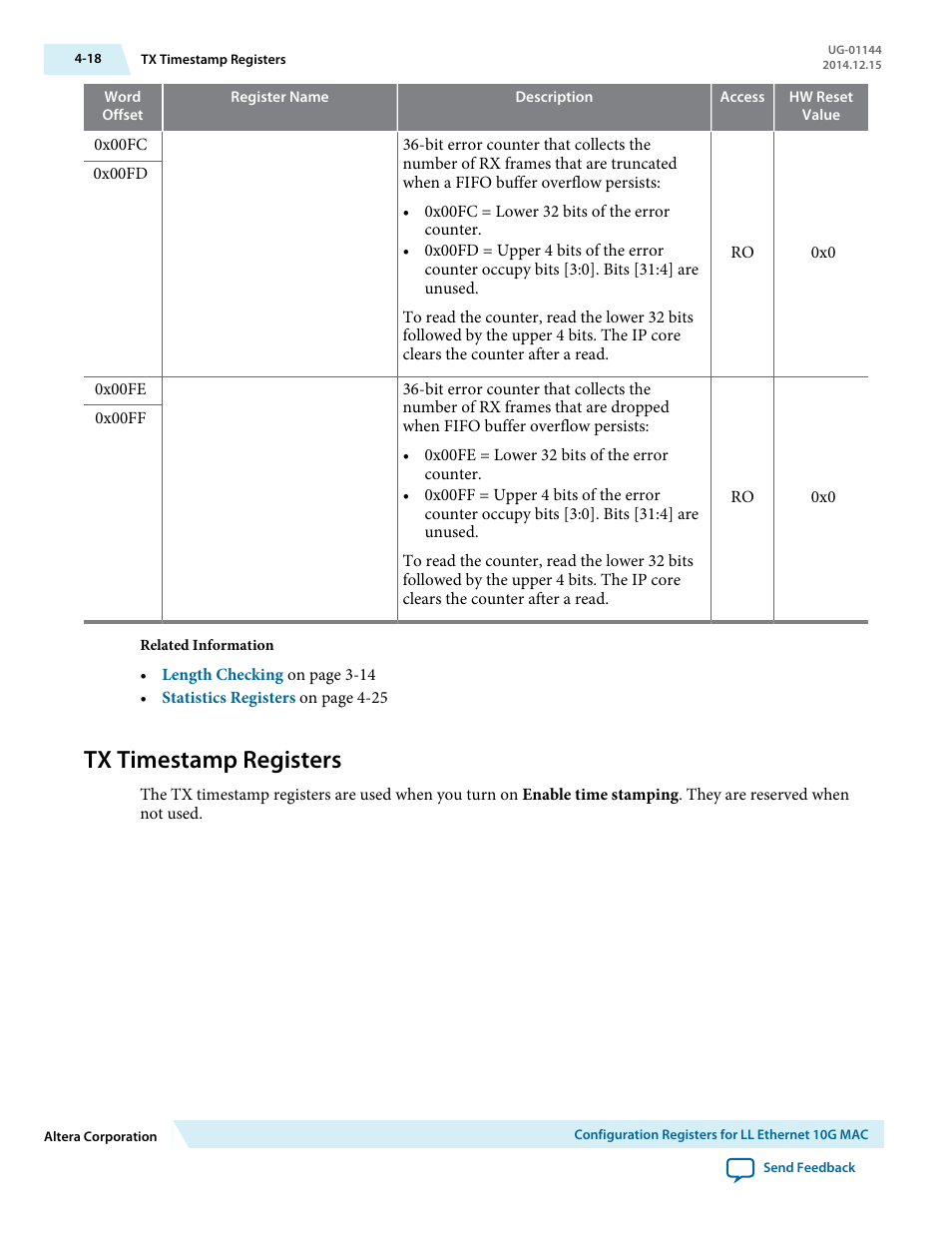 Tx timestamp registers, Tx timestamp registers -18 | Altera Low Latency Ethernet 10G MAC User Manual | Page 70 / 109