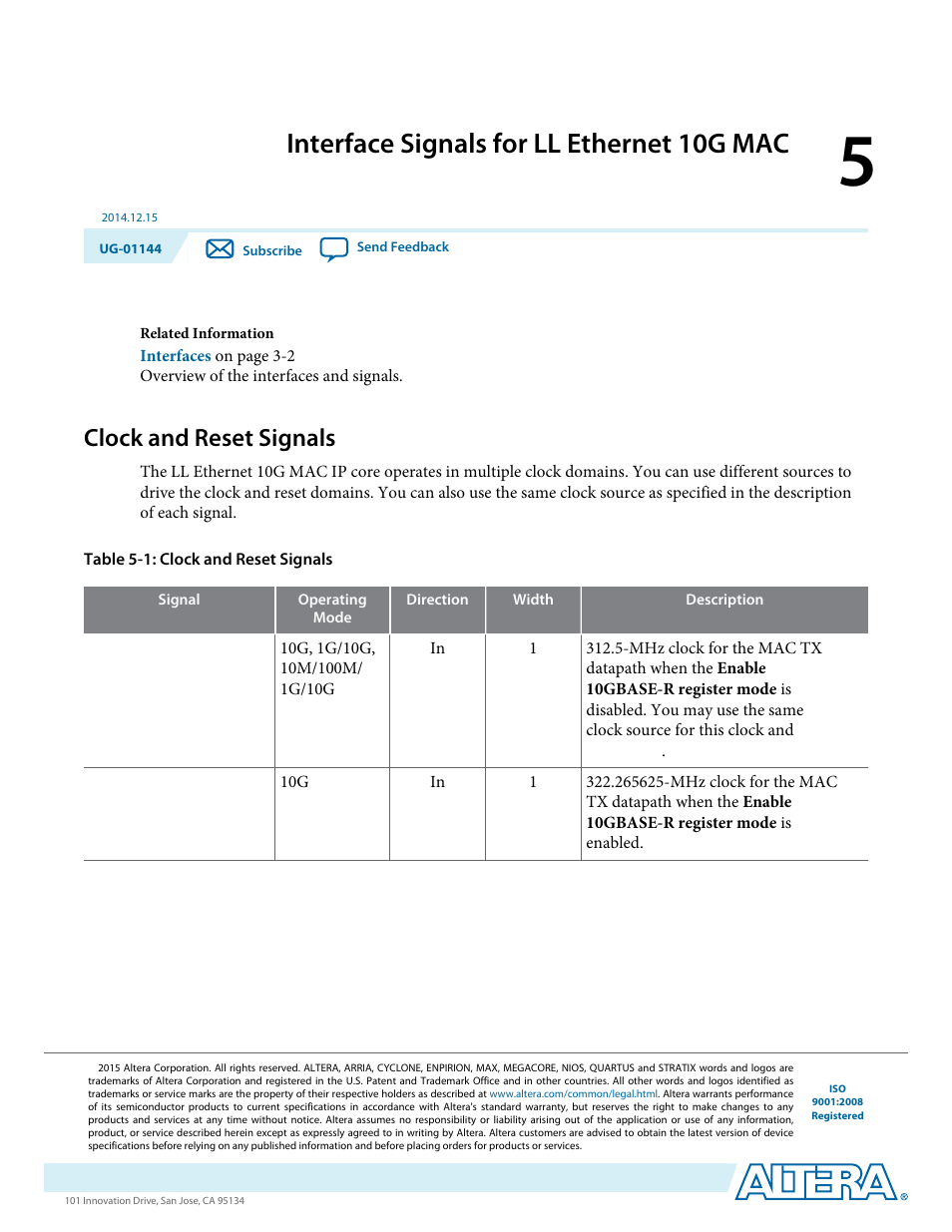 Interface signals for ll ethernet 10g mac, Clock and reset signals, Interface signals for ll ethernet 10g mac -1 | Clock and reset signals -1 | Altera Low Latency Ethernet 10G MAC User Manual | Page 83 / 109