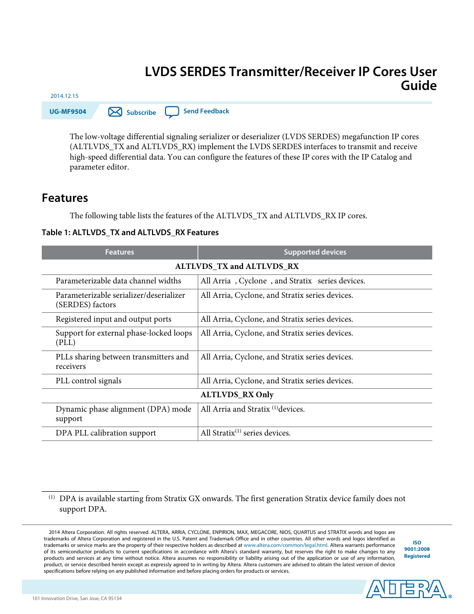 Altera LVDS SERDES Transmitter / Receiver User Manual | 72 pages