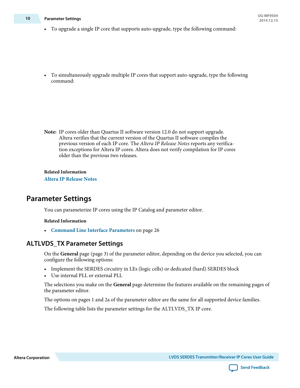 Parameter settings, Altlvds_tx parameter settings | Altera LVDS SERDES Transmitter / Receiver User Manual | Page 10 / 72