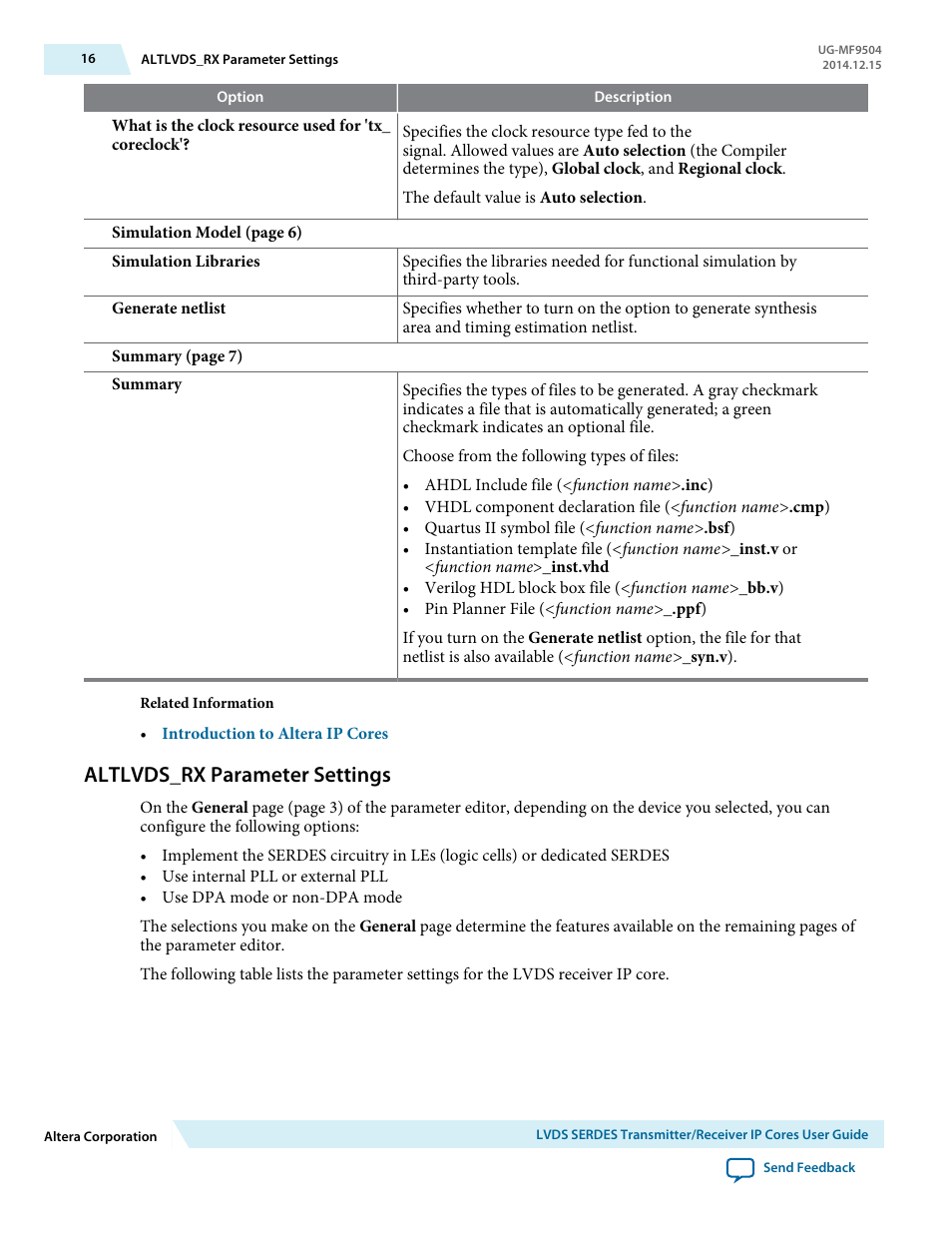 Altlvds_rx parameter settings | Altera LVDS SERDES Transmitter / Receiver User Manual | Page 16 / 72