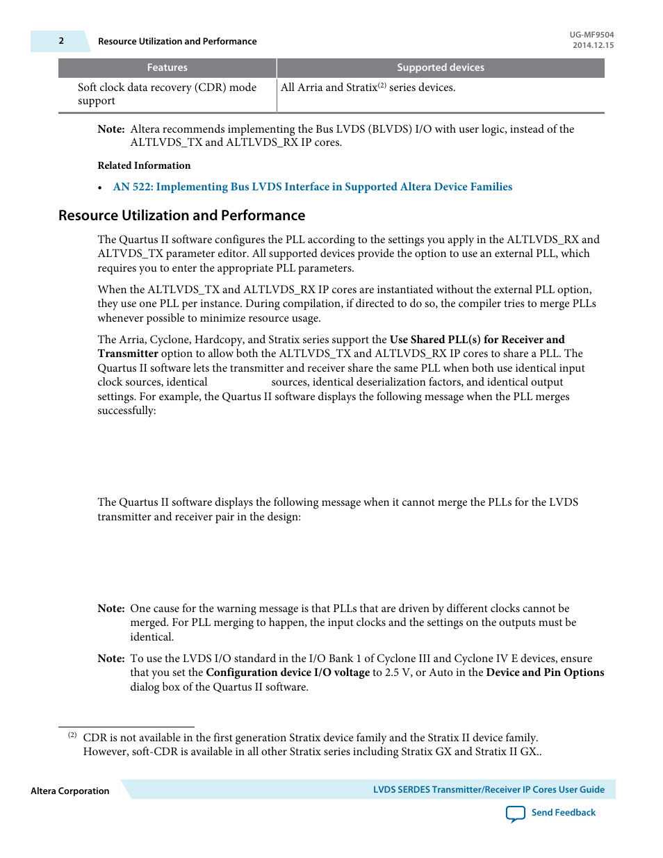 Resource utilization and performance | Altera LVDS SERDES Transmitter / Receiver User Manual | Page 2 / 72