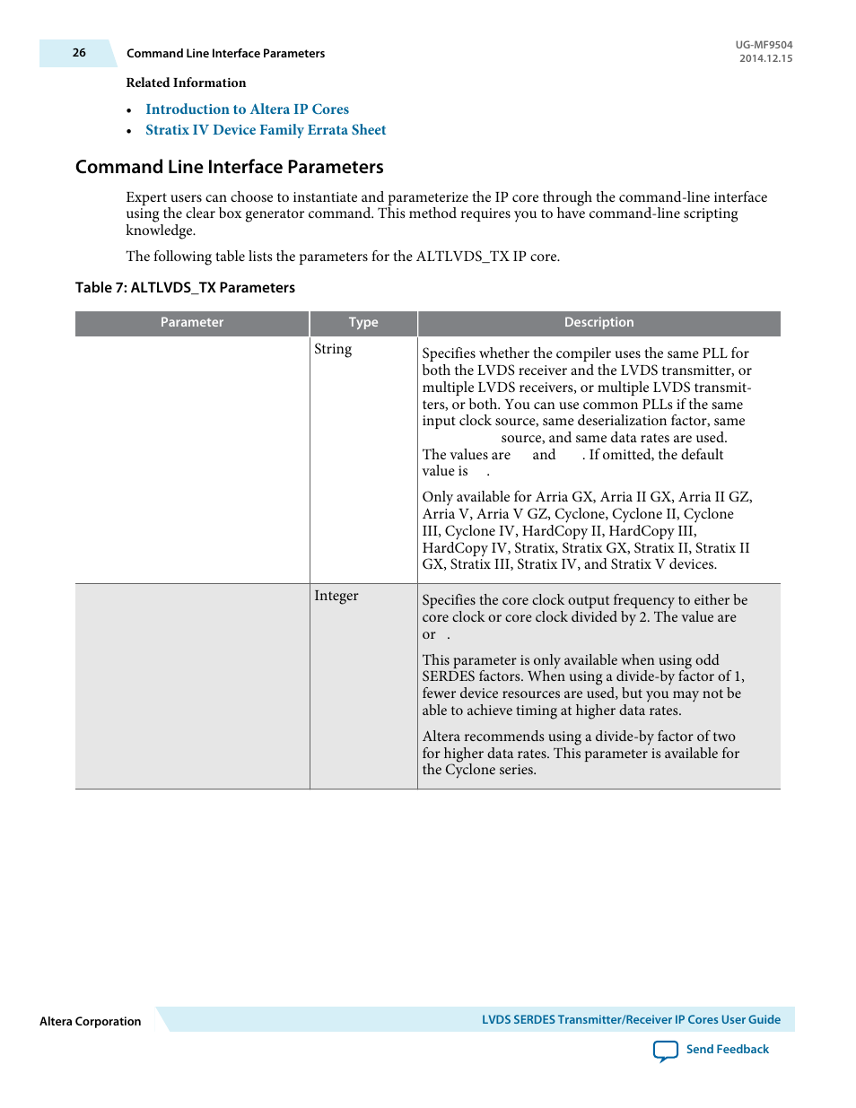 Command line interface parameters | Altera LVDS SERDES Transmitter / Receiver User Manual | Page 26 / 72