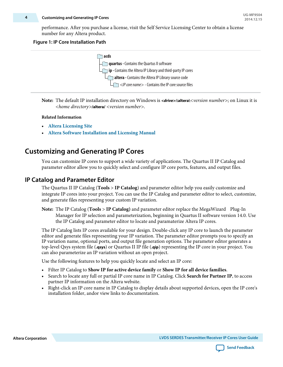 Customizing and generating ip cores, Ip catalog and parameter editor | Altera LVDS SERDES Transmitter / Receiver User Manual | Page 4 / 72