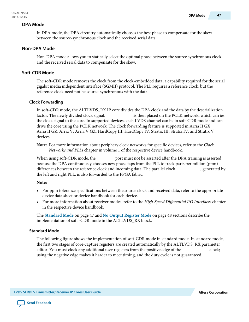 Dpa mode, Non-dpa mode, Soft-cdr mode | Clock forwarding, Standard mode | Altera LVDS SERDES Transmitter / Receiver User Manual | Page 47 / 72