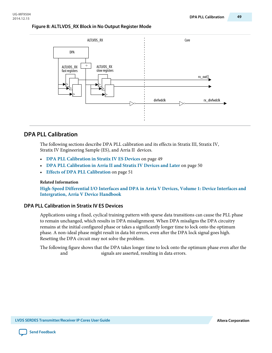 Dpa pll calibration, Dpa pll calibration in stratix iv es devices | Altera LVDS SERDES Transmitter / Receiver User Manual | Page 49 / 72