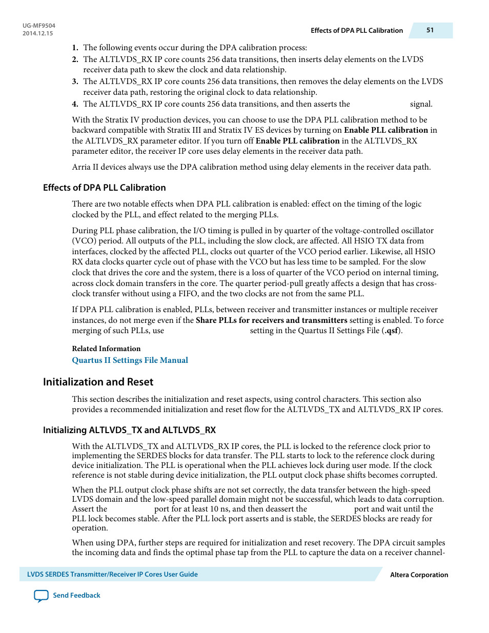 Effects of dpa pll calibration, Initialization and reset, Initializing altlvds_tx and altlvds_rx | Altera LVDS SERDES Transmitter / Receiver User Manual | Page 51 / 72