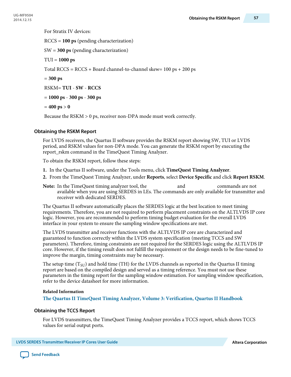 Obtaining the rskm report, Obtaining the tccs report | Altera LVDS SERDES Transmitter / Receiver User Manual | Page 57 / 72
