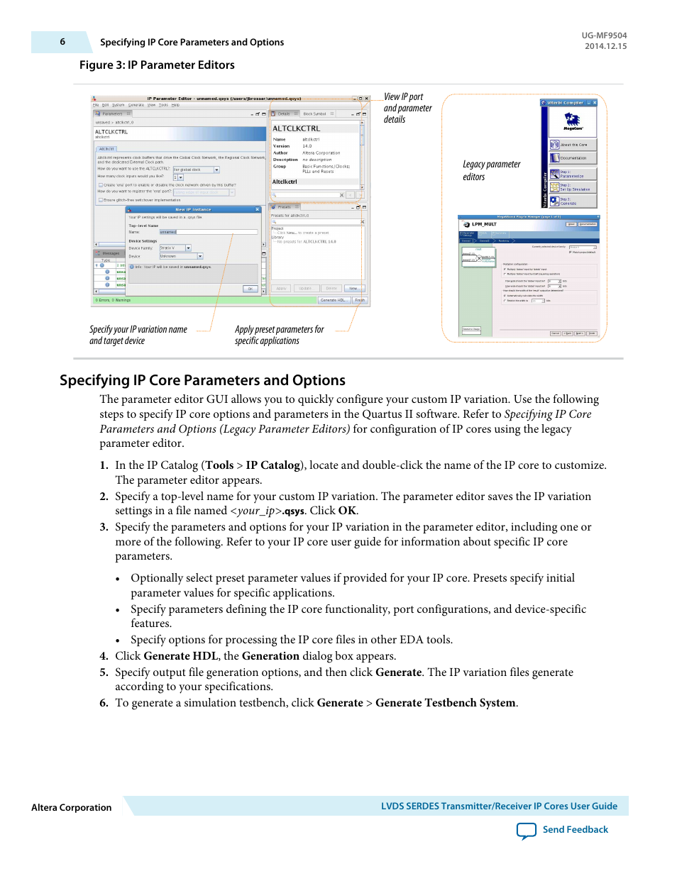 Specifying ip core parameters and options | Altera LVDS SERDES Transmitter / Receiver User Manual | Page 6 / 72