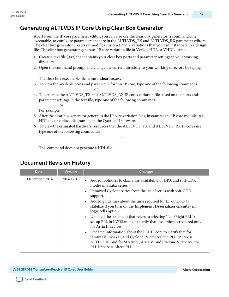 Document revision history | Altera LVDS SERDES Transmitter / Receiver User Manual | Page 67 / 72