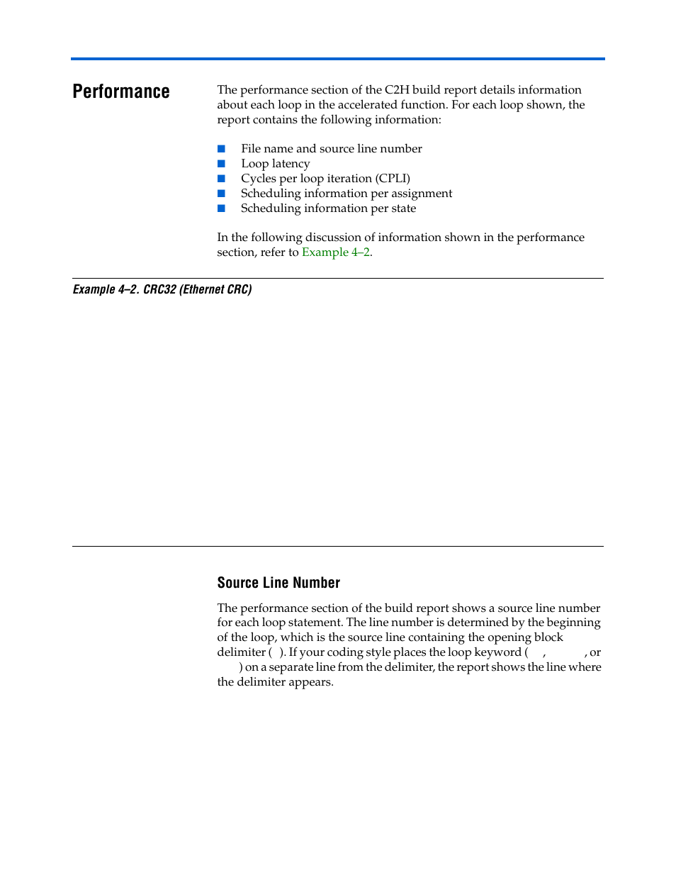 Performance, Source line number, Performance –10 | Source line number –10 | Altera Nios II C2H Compiler User Manual | Page 104 / 138