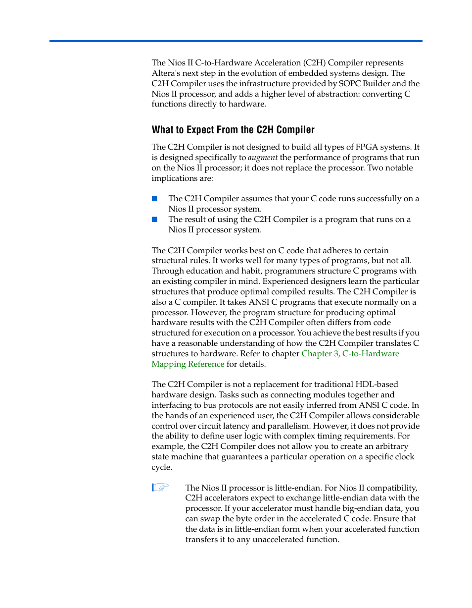 What to expect from the c2h compiler, What to expect from the c2h compiler –5 | Altera Nios II C2H Compiler User Manual | Page 11 / 138