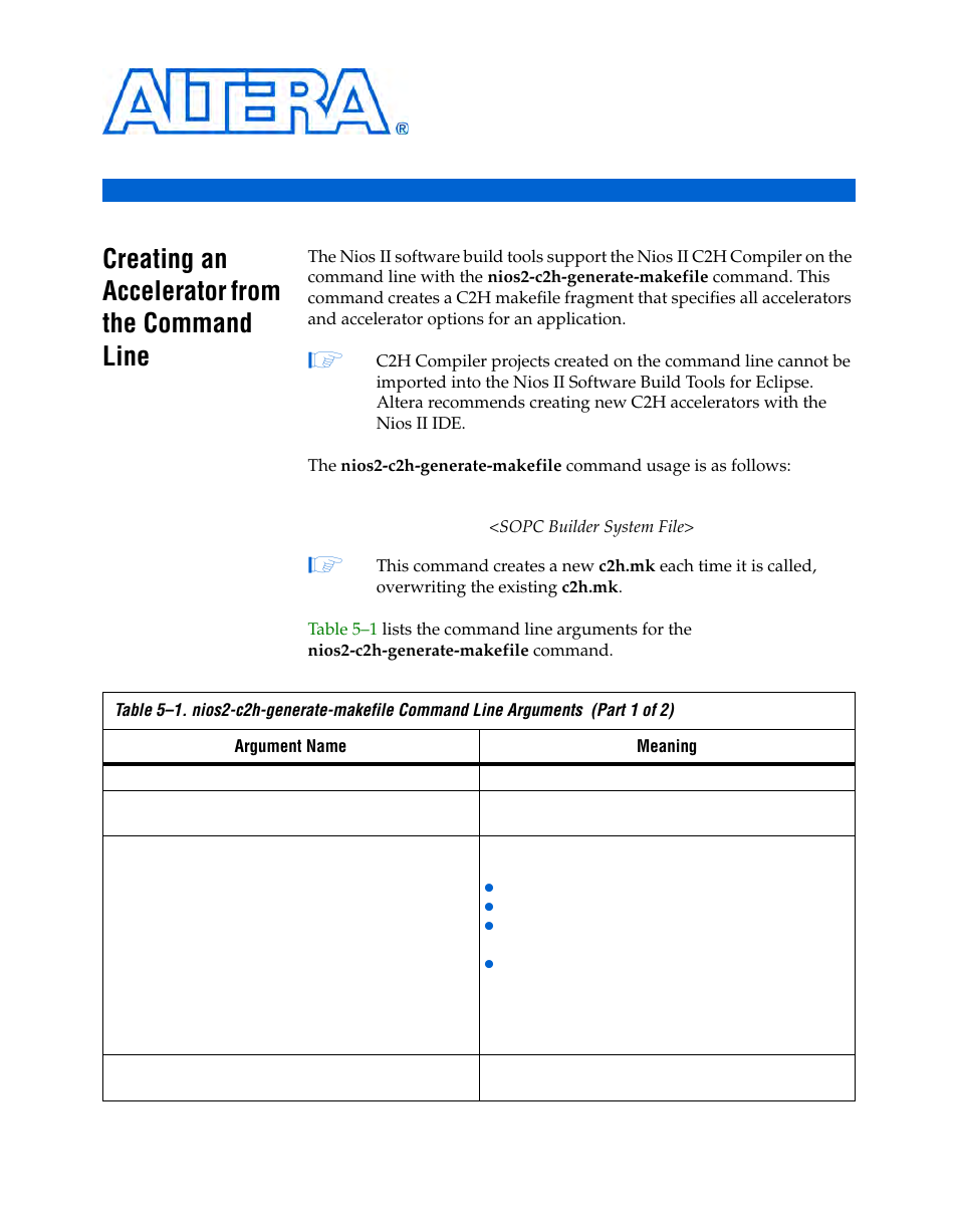 Creating an accelerator from the command line, Creating an accelerator from the command line –1, Explains how | Altera Nios II C2H Compiler User Manual | Page 115 / 138