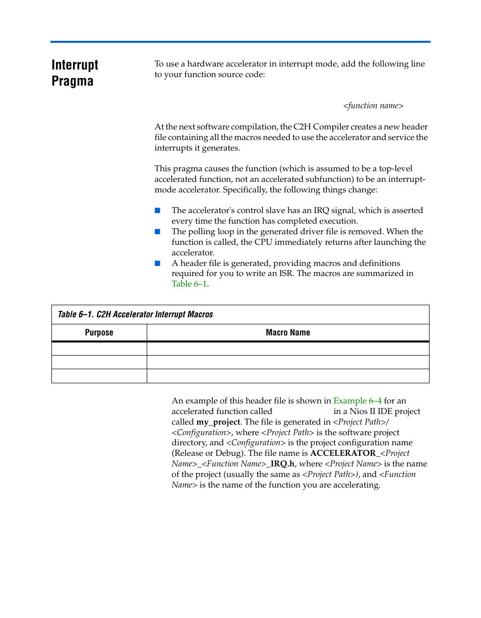 Interrupt pragma, Interrupt pragma –4, Interrupt pragma” on | Altera Nios II C2H Compiler User Manual | Page 122 / 138