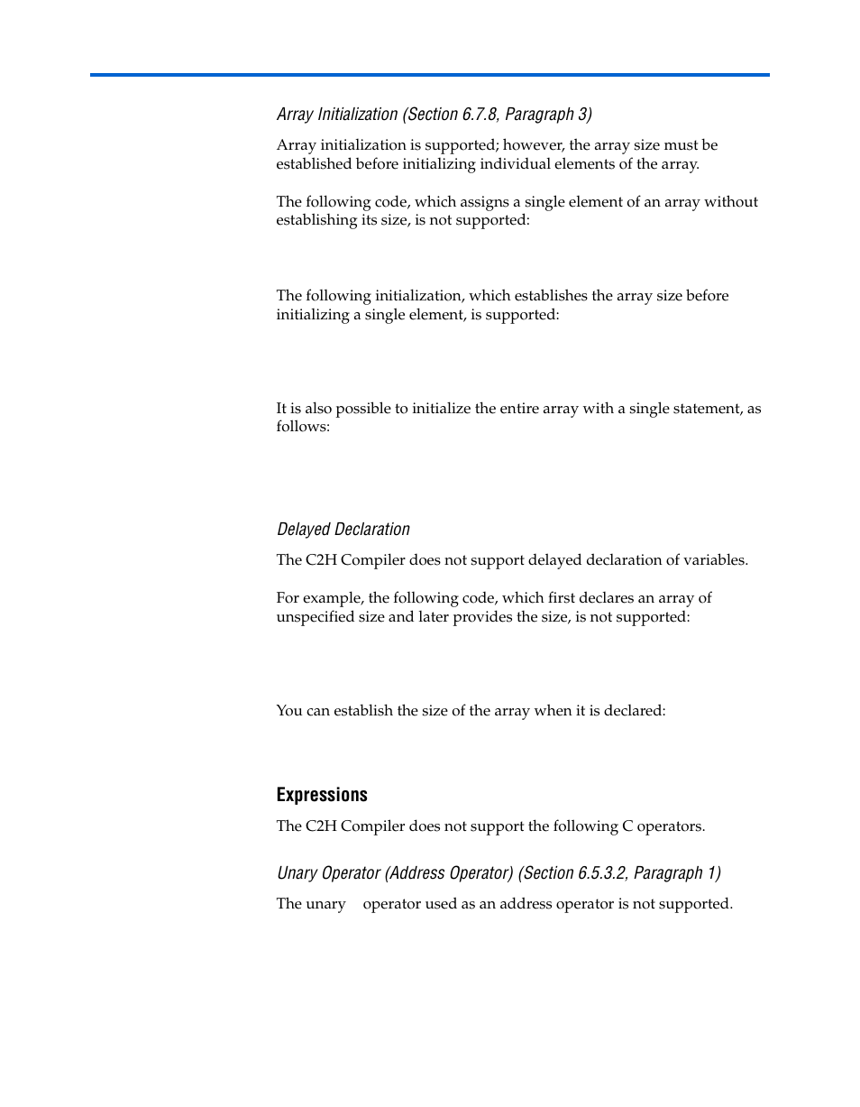 Array initialization (section 6.7.8, paragraph 3), Delayed declaration, Expressions | Altera Nios II C2H Compiler User Manual | Page 127 / 138