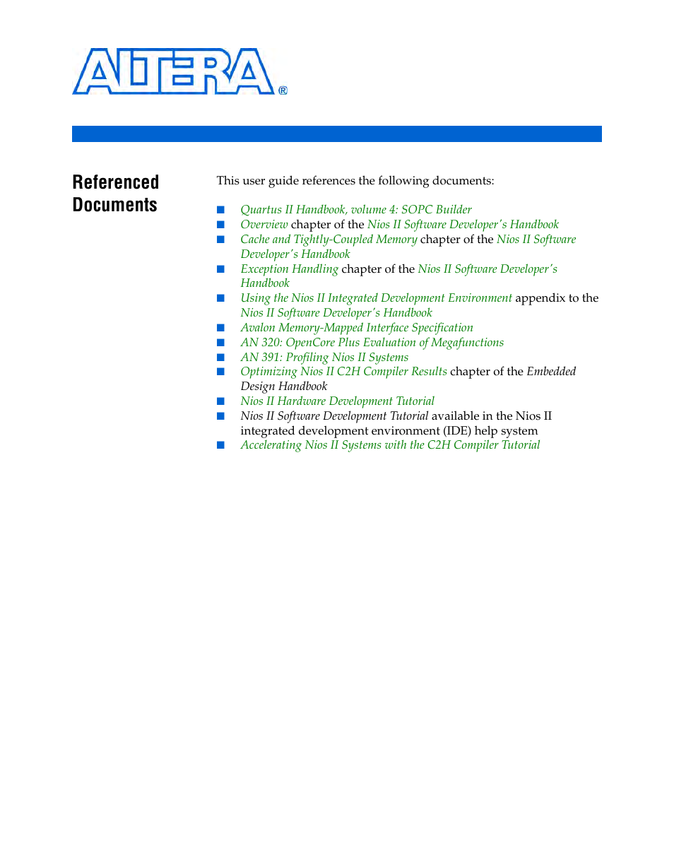 Additional information, Referenced documents | Altera Nios II C2H Compiler User Manual | Page 135 / 138