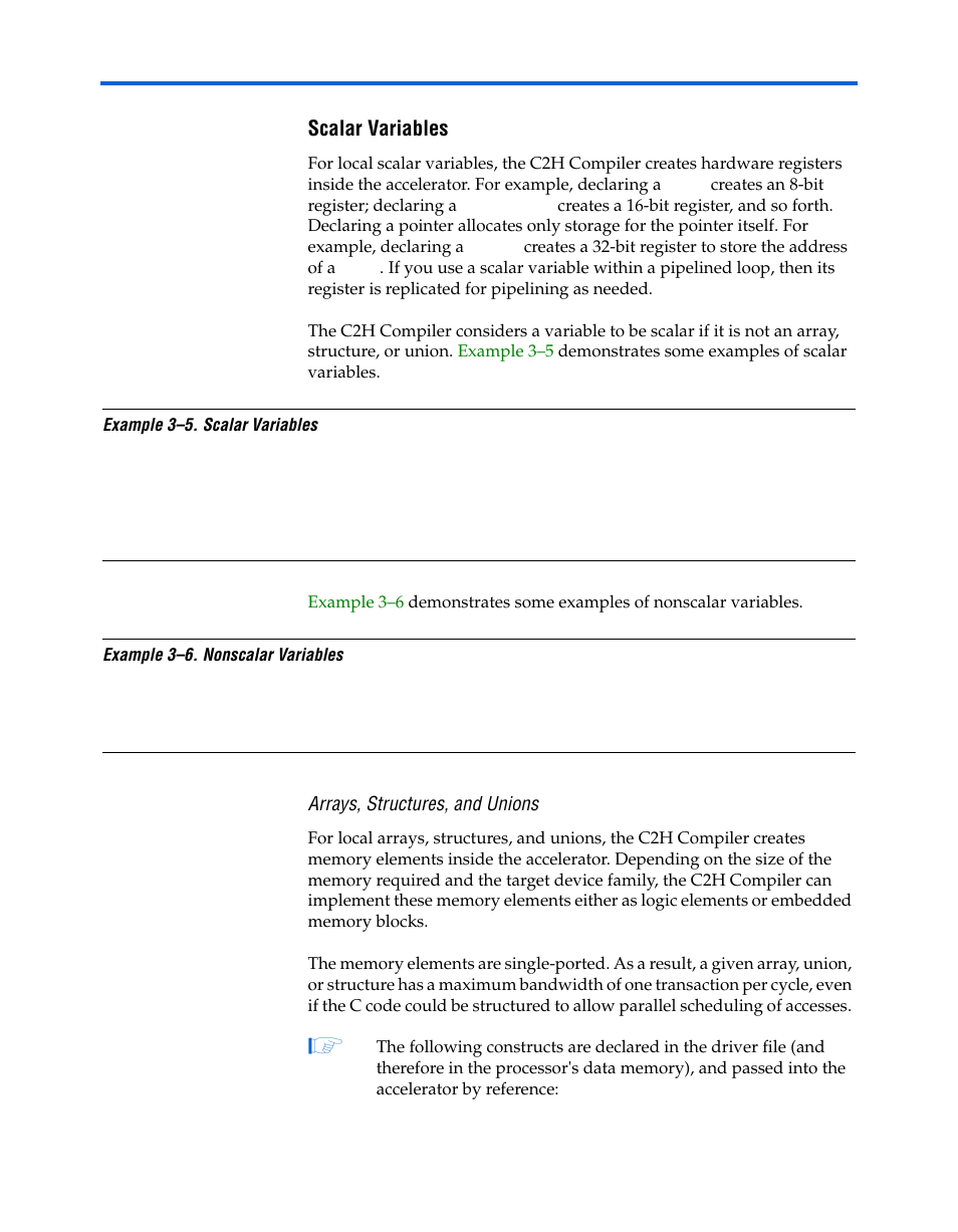 Scalar variables, Arrays, structures, and unions, Scalar variables –14 | Altera Nios II C2H Compiler User Manual | Page 54 / 138