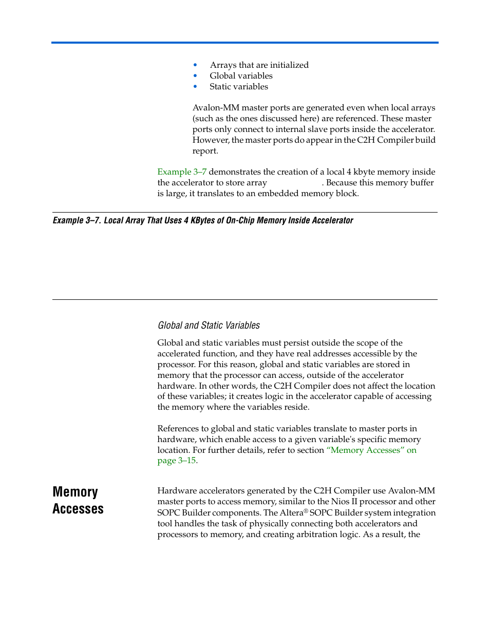 Global and static variables, Memory accesses, Memory accesses –15 | Altera Nios II C2H Compiler User Manual | Page 55 / 138