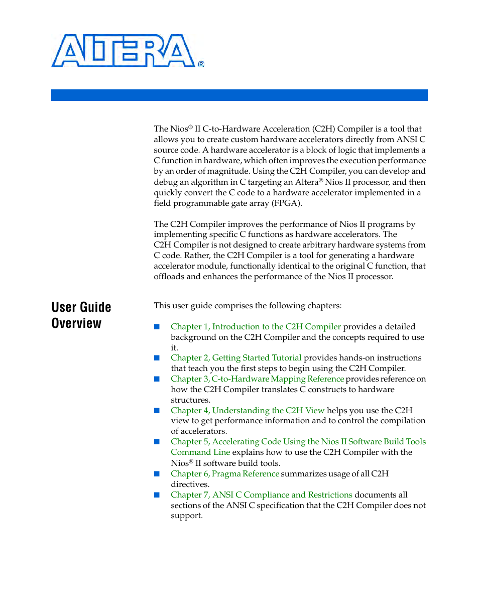 Introduction to the c2h compiler, User guide overview, Chapter 1. introduction to the c2h compiler | User guide overview –1 | Altera Nios II C2H Compiler User Manual | Page 7 / 138