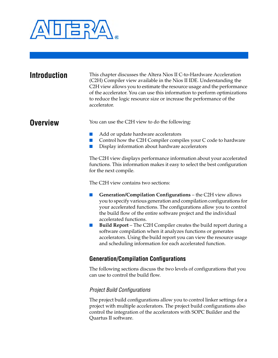 Understanding the c2h view, Introduction, Overview | Generation/compilation configurations, Project build configurations, Chapter 4. understanding the c2h view, Introduction –1 overview –1, Generation/compilation configurations –1, Chapter 4, understanding the c2h view | Altera Nios II C2H Compiler User Manual | Page 95 / 138