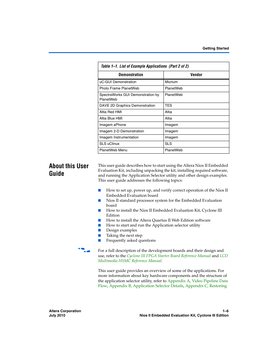 About this user guide, About this user guide –6 | Altera Nios II Embedded Evaluation Kit Cyclone III Edition User Manual | Page 12 / 80