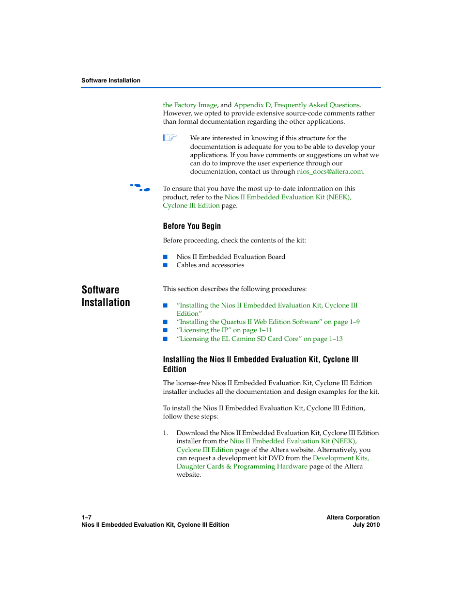 Before you begin, Software installation, Software installation –7 | Altera Nios II Embedded Evaluation Kit Cyclone III Edition User Manual | Page 13 / 80