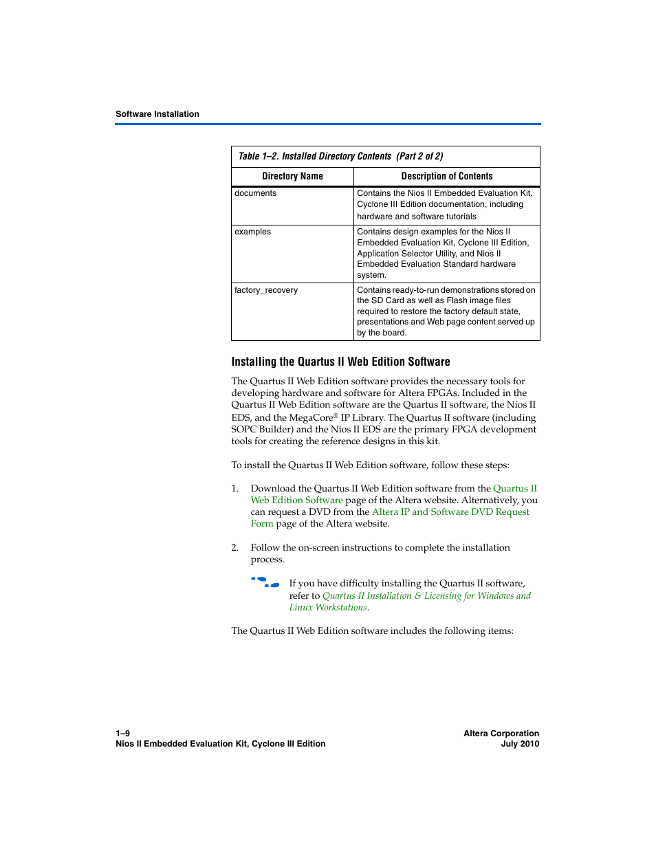 Installing the quartus ii web edition software | Altera Nios II Embedded Evaluation Kit Cyclone III Edition User Manual | Page 15 / 80