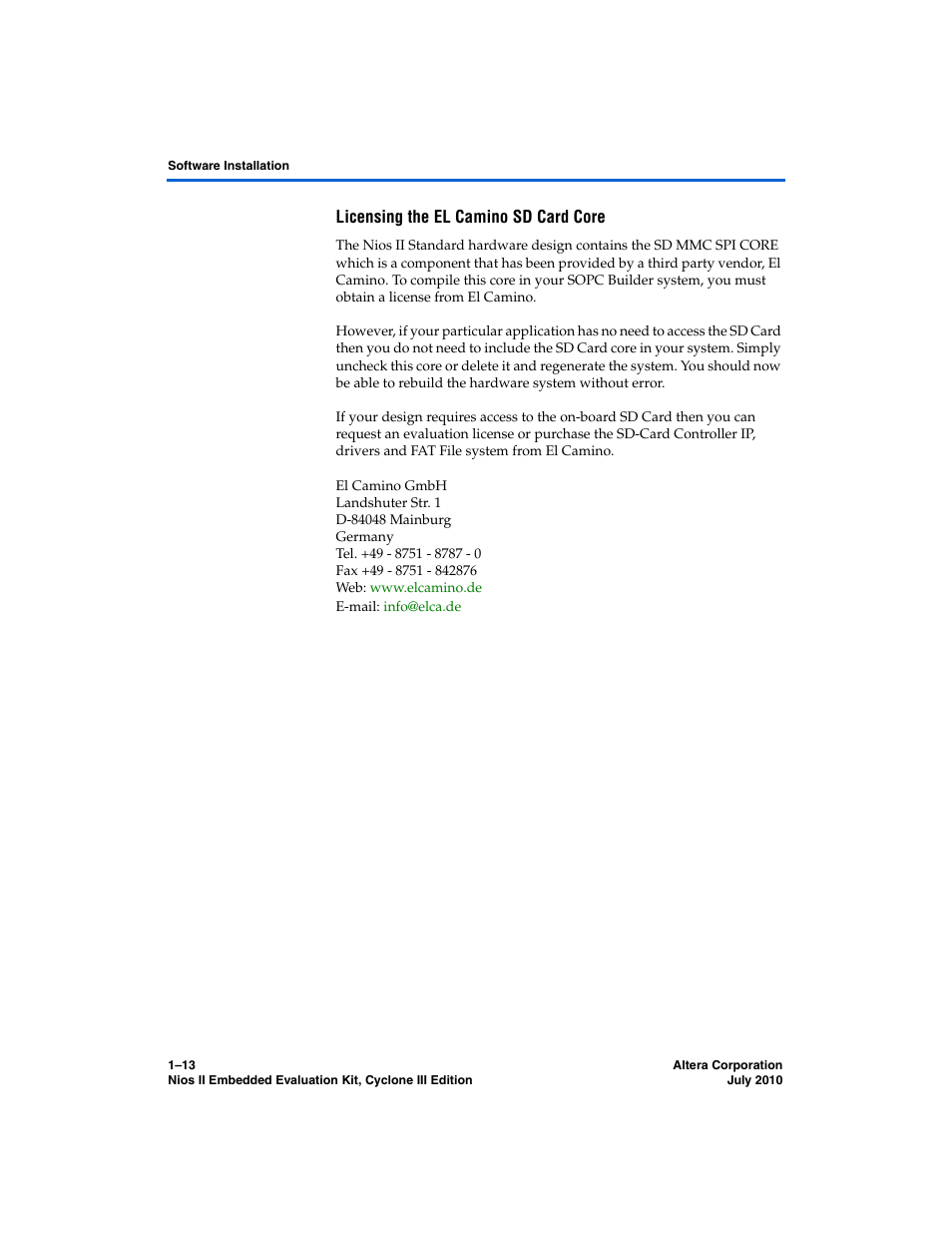 Licensing the el camino sd card core | Altera Nios II Embedded Evaluation Kit Cyclone III Edition User Manual | Page 19 / 80