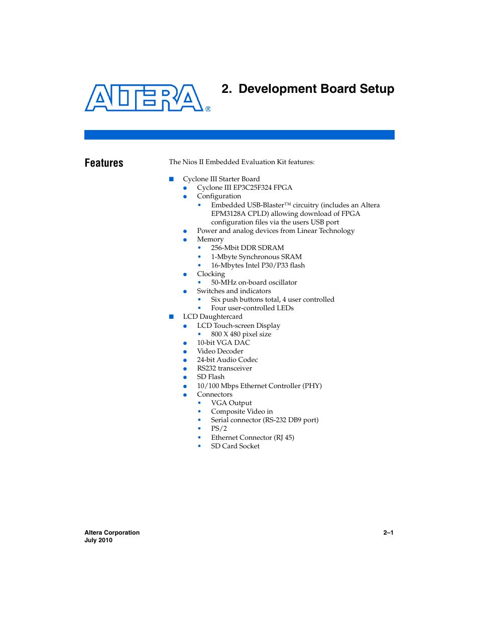 Development board setup, Features, Chapter 2. development board setup | Altera Nios II Embedded Evaluation Kit Cyclone III Edition User Manual | Page 21 / 80