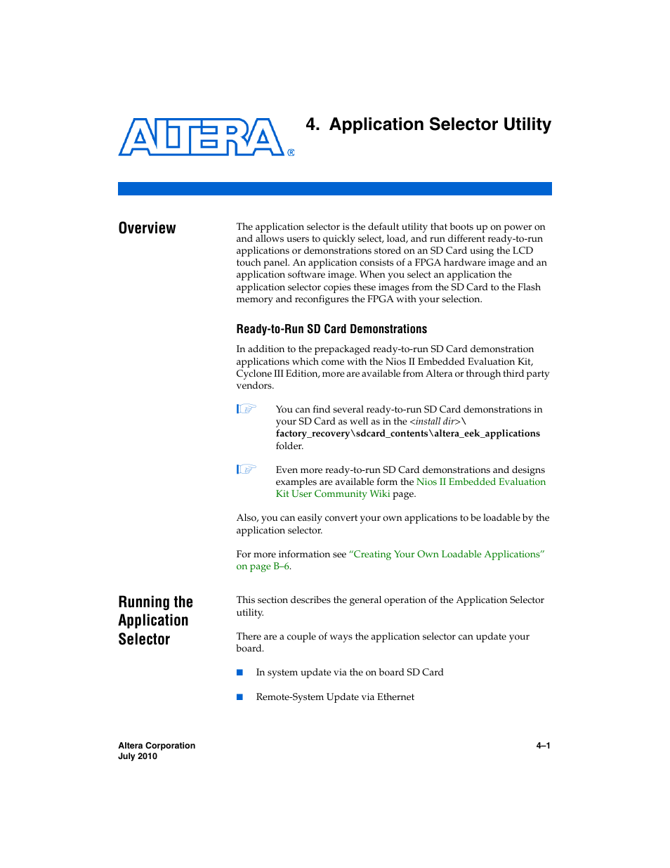 Application selector utility, Overview, Ready-to-run sd card demonstrations | Running the application selector, Chapter 4. application selector utility, Running the application selector –1 | Altera Nios II Embedded Evaluation Kit Cyclone III Edition User Manual | Page 31 / 80