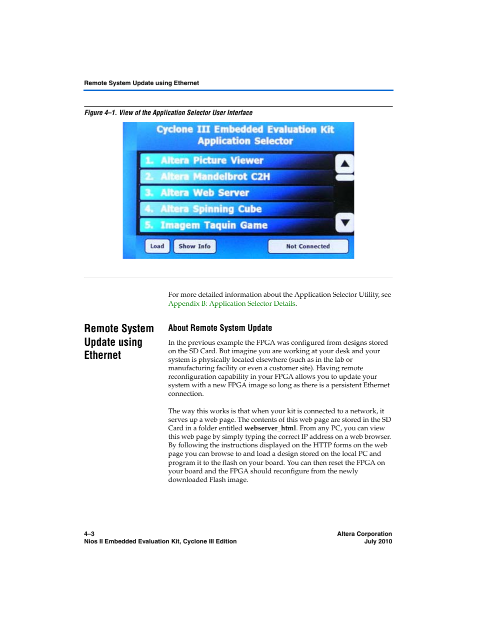 Remote system update using ethernet, About remote system update, Remote system update using ethernet –3 | Altera Nios II Embedded Evaluation Kit Cyclone III Edition User Manual | Page 33 / 80