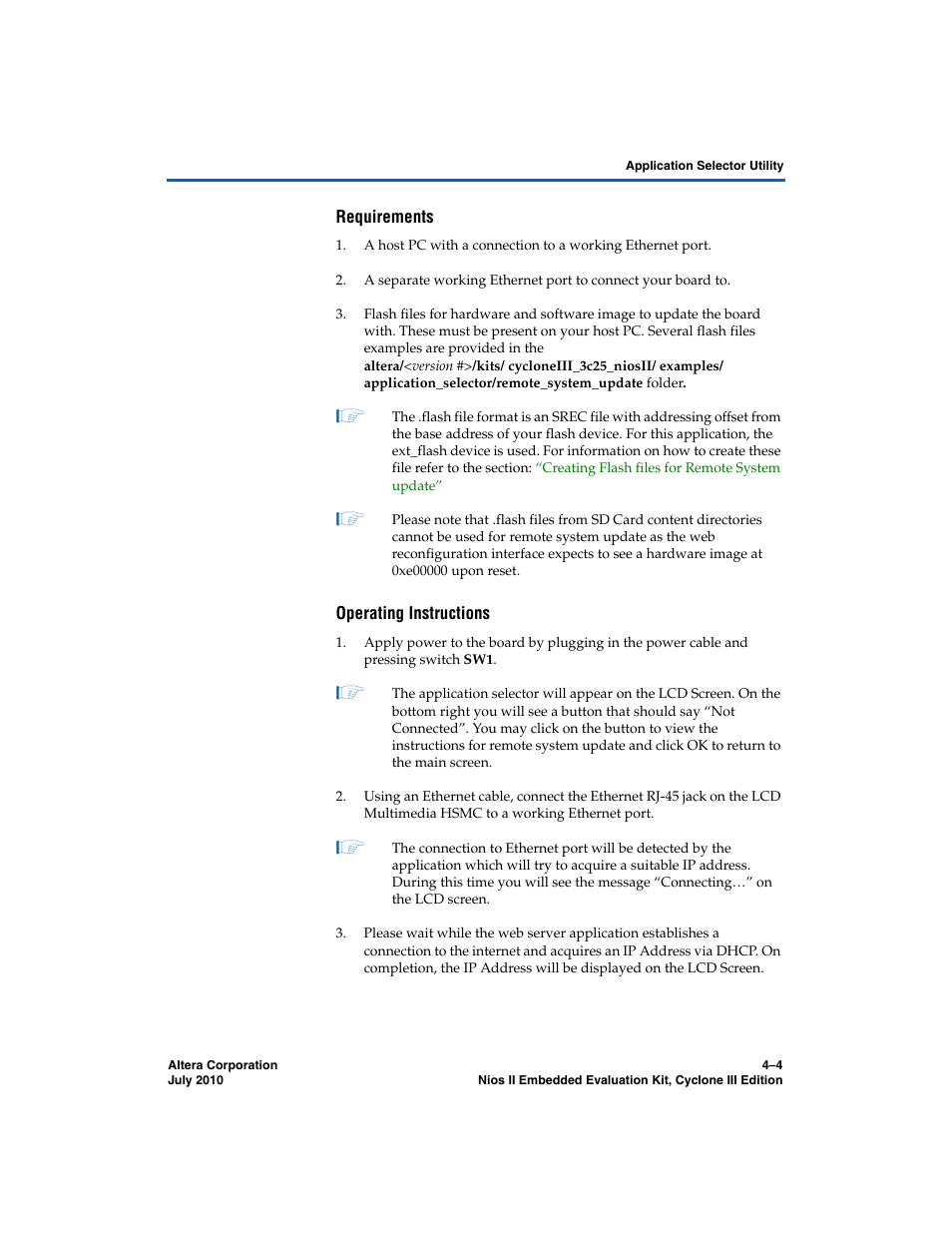 Requirements, Operating instructions | Altera Nios II Embedded Evaluation Kit Cyclone III Edition User Manual | Page 34 / 80