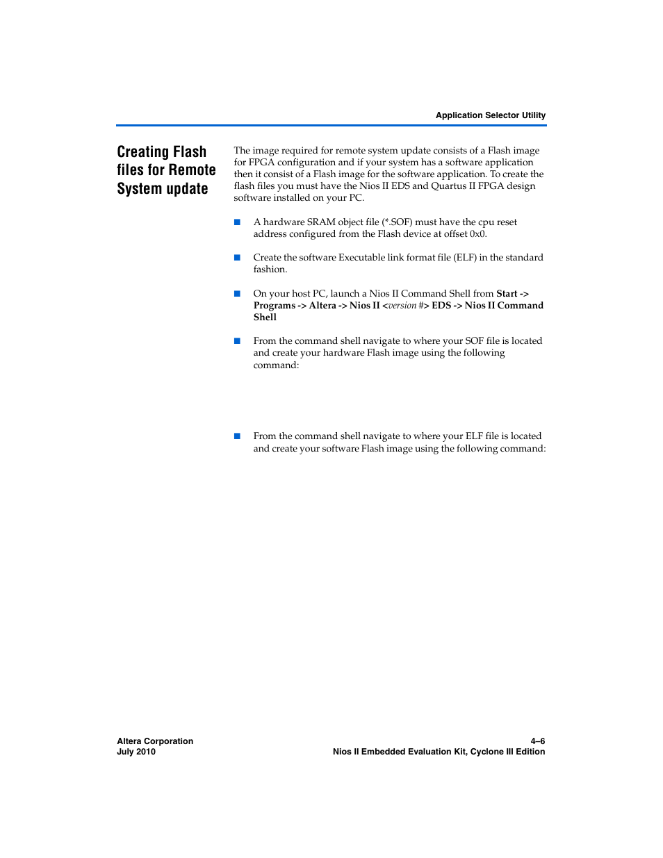 Creating flash files for remote system update, Creating flash files for remote system update –6 | Altera Nios II Embedded Evaluation Kit Cyclone III Edition User Manual | Page 36 / 80