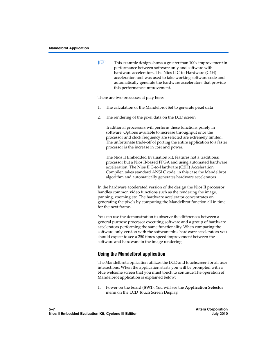 Using the mandelbrot application | Altera Nios II Embedded Evaluation Kit Cyclone III Edition User Manual | Page 43 / 80